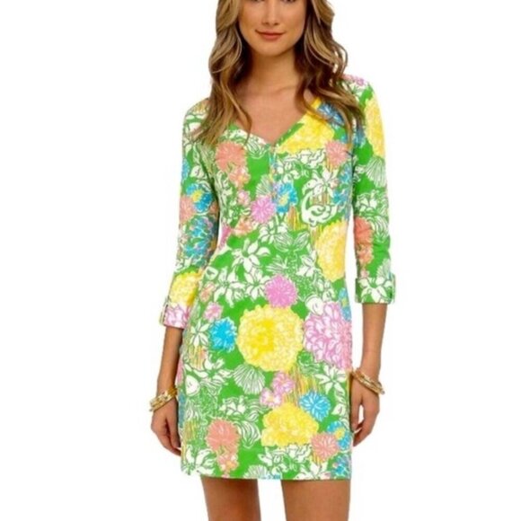 Lilly Pulitzer Palmetto Hibiscus Pima Cotton Floral Green Tropical Dress - Sz S - Picture 1 of 12